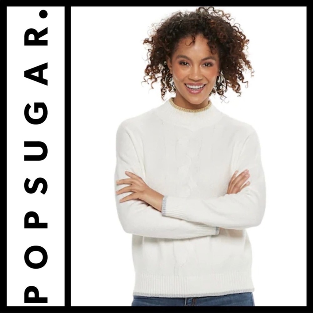 ➕Popsugar In the Stars Cable Knit Cream  Sweater Silver/Gold Trim Women XXL NWT